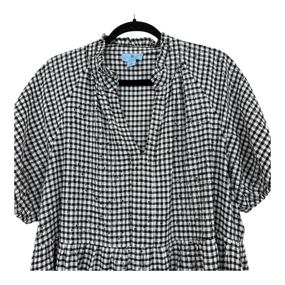 CeCe Tiered Mini Dress Short Sleeve Babydoll Sz Extra Large Black White Gingham - Picture 2 of 9